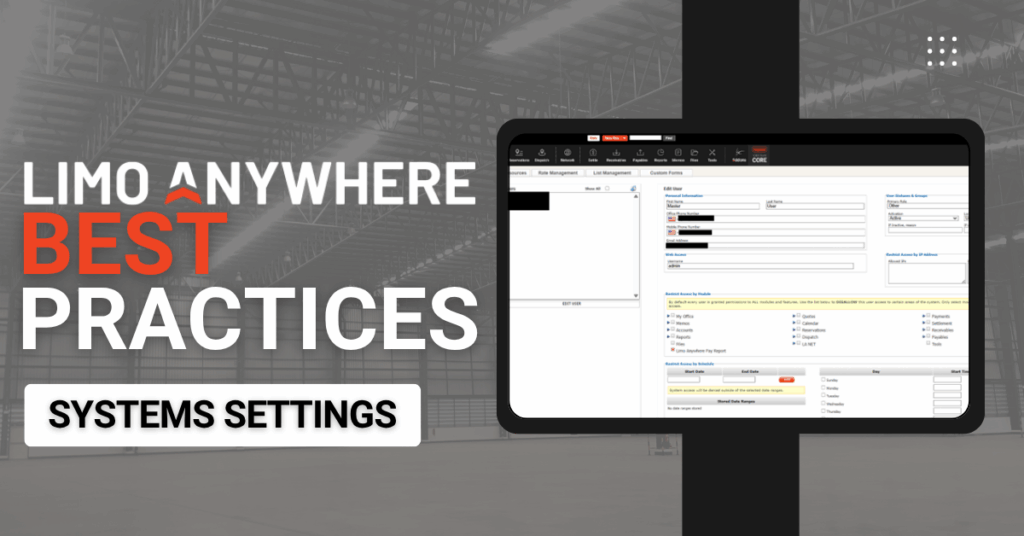 Limo Anywhere Best Practices System Settings with a screenshot of the Limo Anywhere system.