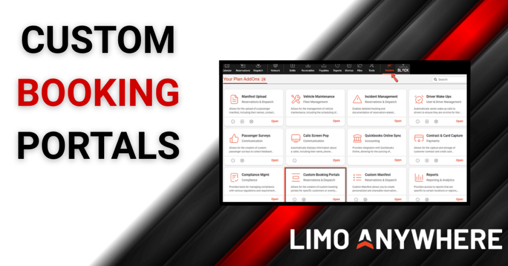 Custom Booking Portals, a screenshot of the portals in Limo Anywhere, and the Limo Anywhere logo