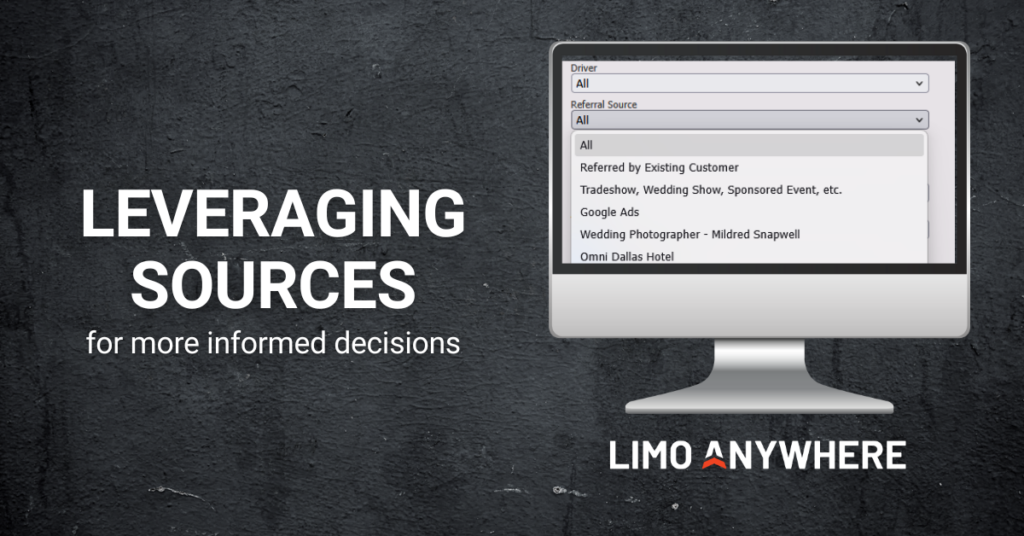 Black background with Leveraging Sources to make informed decisions. A computer has a form on the screen and the Limo Anywhere logo is present.