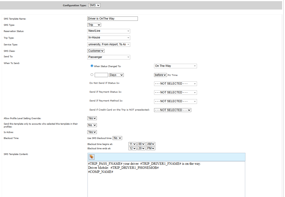 Configured In-House status update Scheduled SMS example