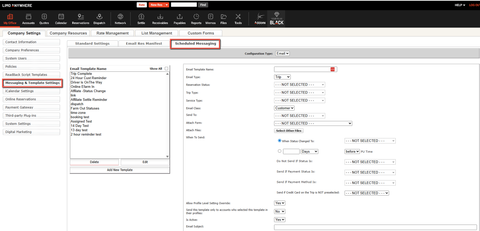 Scheduled Messaging tab overview in Limo Anywhere