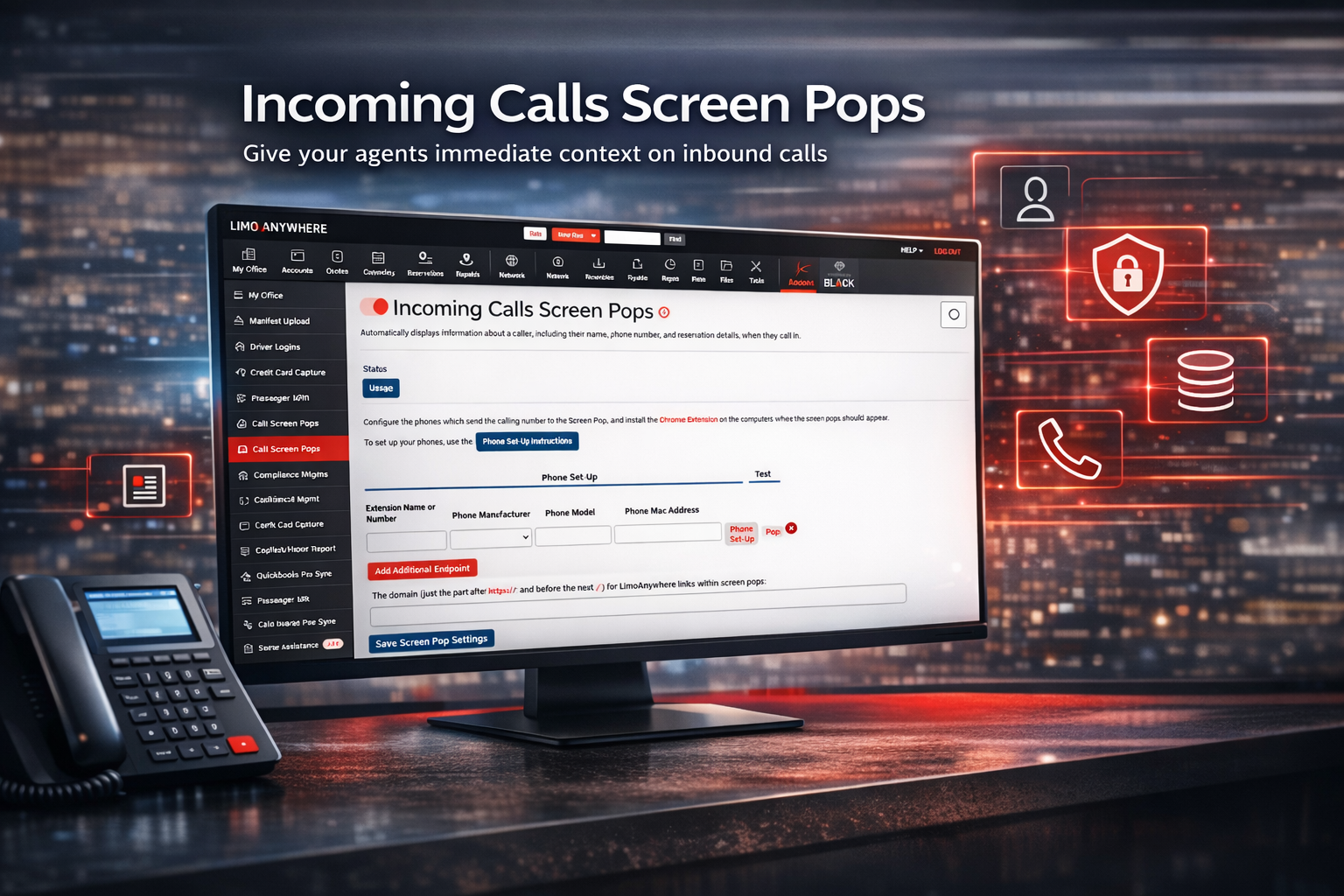 Incoming Calls Screen Pops settings view in Limo Anywhere
