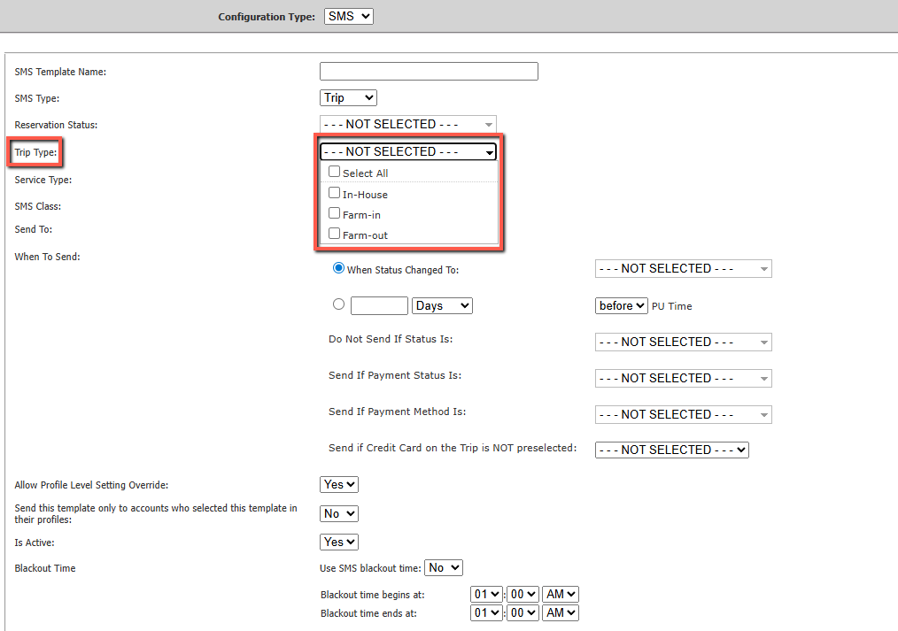 Trip Type selector in Scheduled SMS