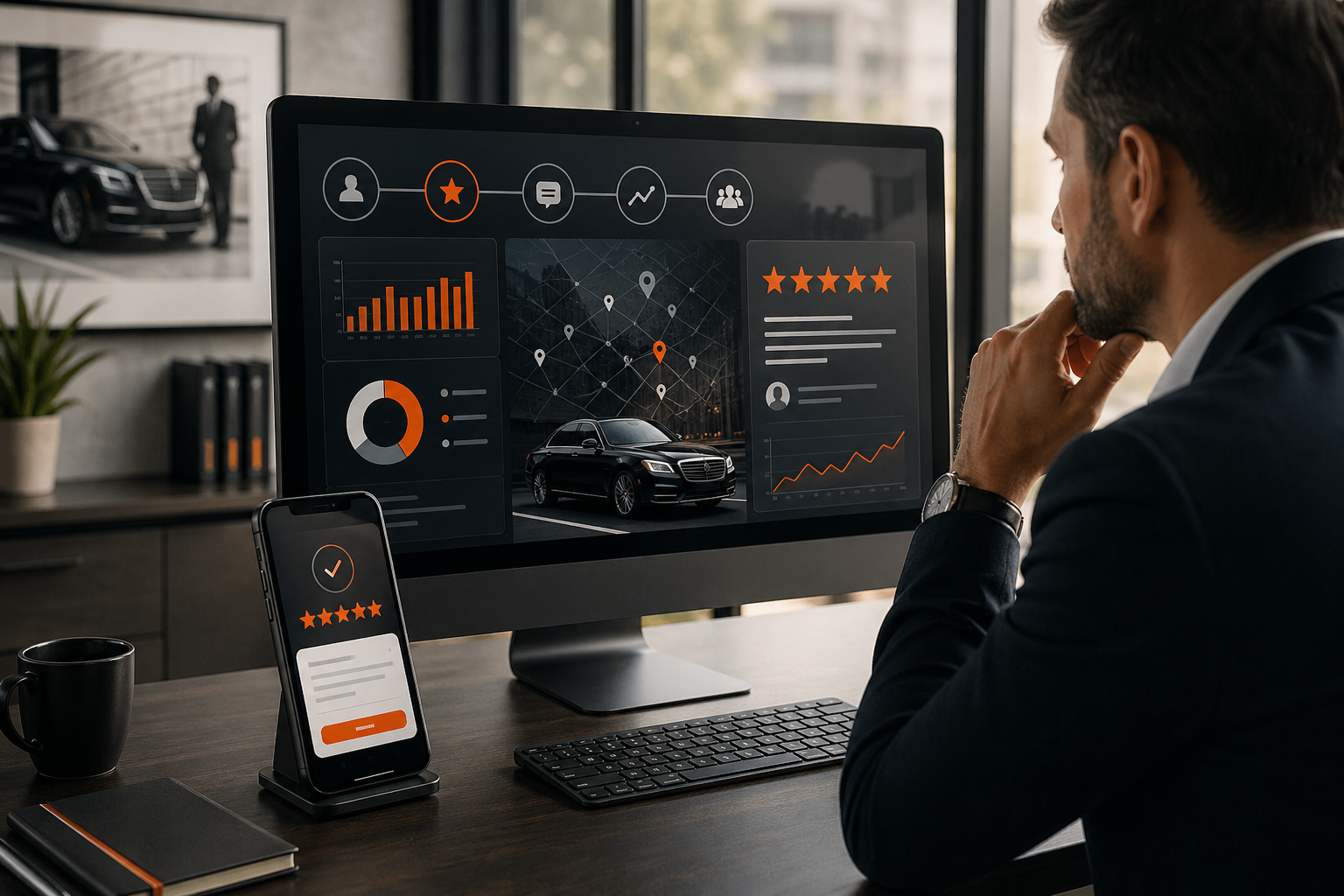 Operations manager reviewing customer feedback, review performance, and digital marketing analytics for a chauffeur company