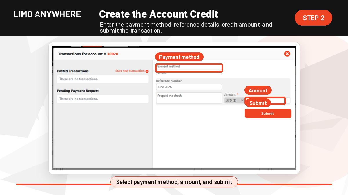 Limo Anywhere account payment terminal for adding account credits