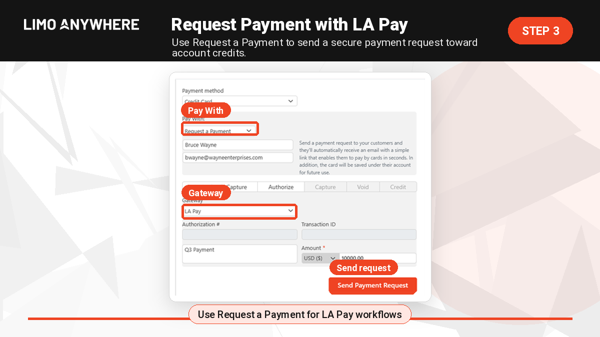 LA Pay payment request screen for collecting account credit payment