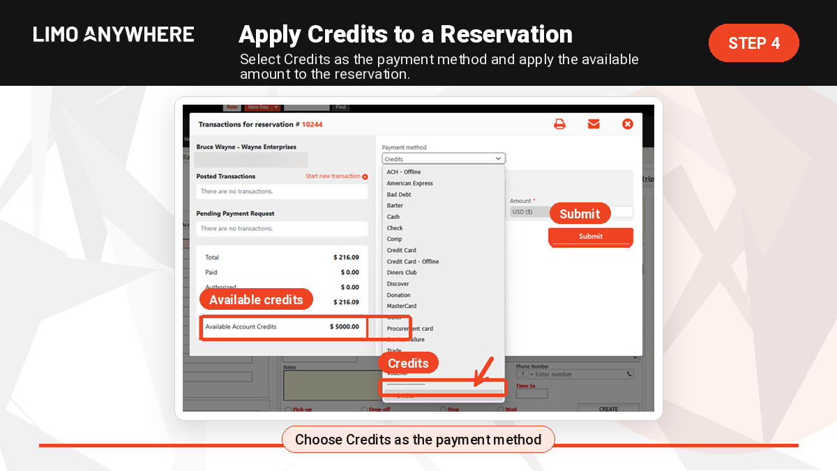 Reservation payment screen in Limo Anywhere with Credits selected as the payment method