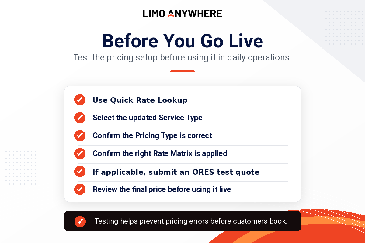 Checklist for testing Limo Anywhere Service Type Pricing with Quick Rate Lookup before using it live.