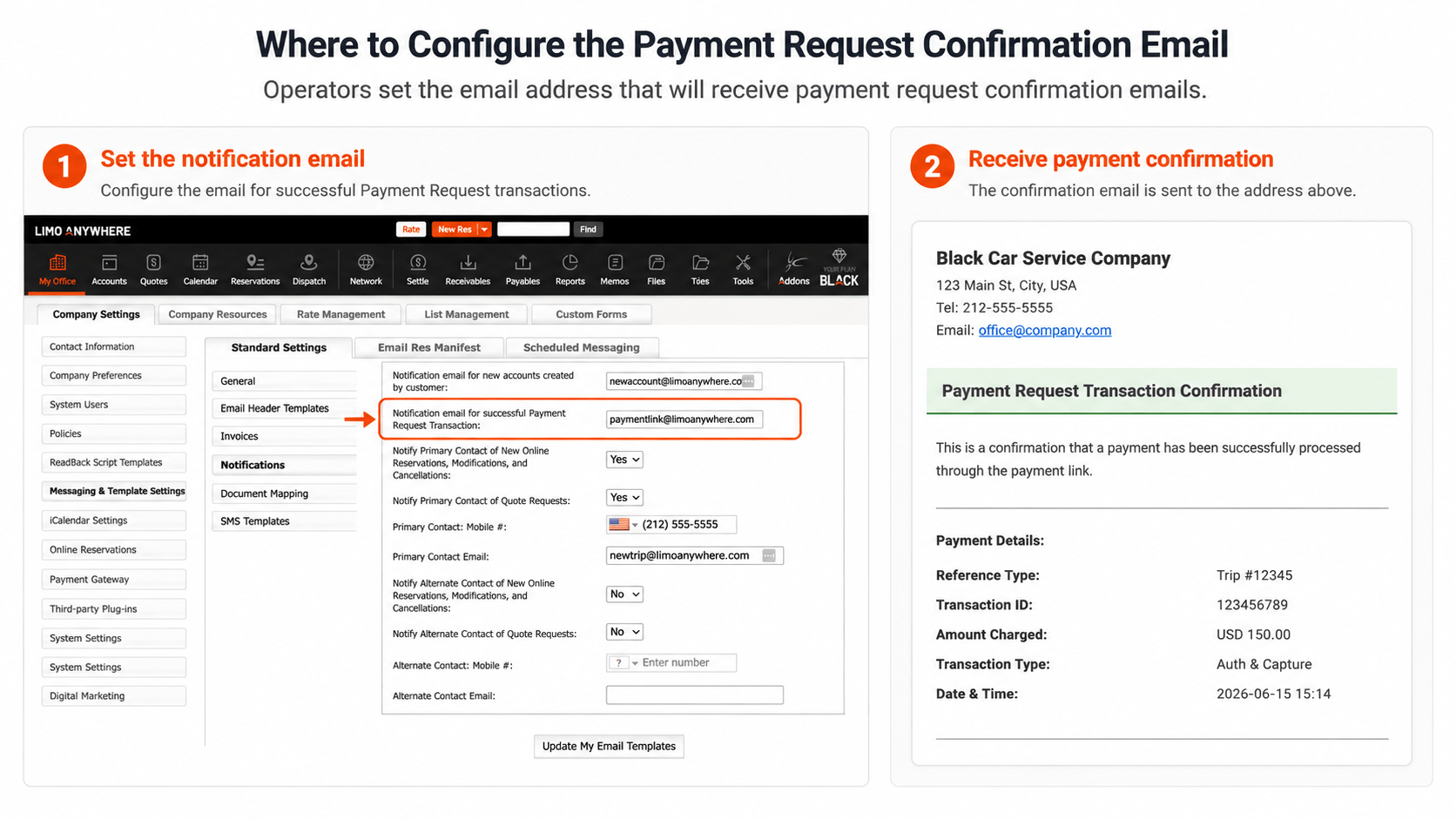 Limo Anywhere payment request confirmation email feature overview