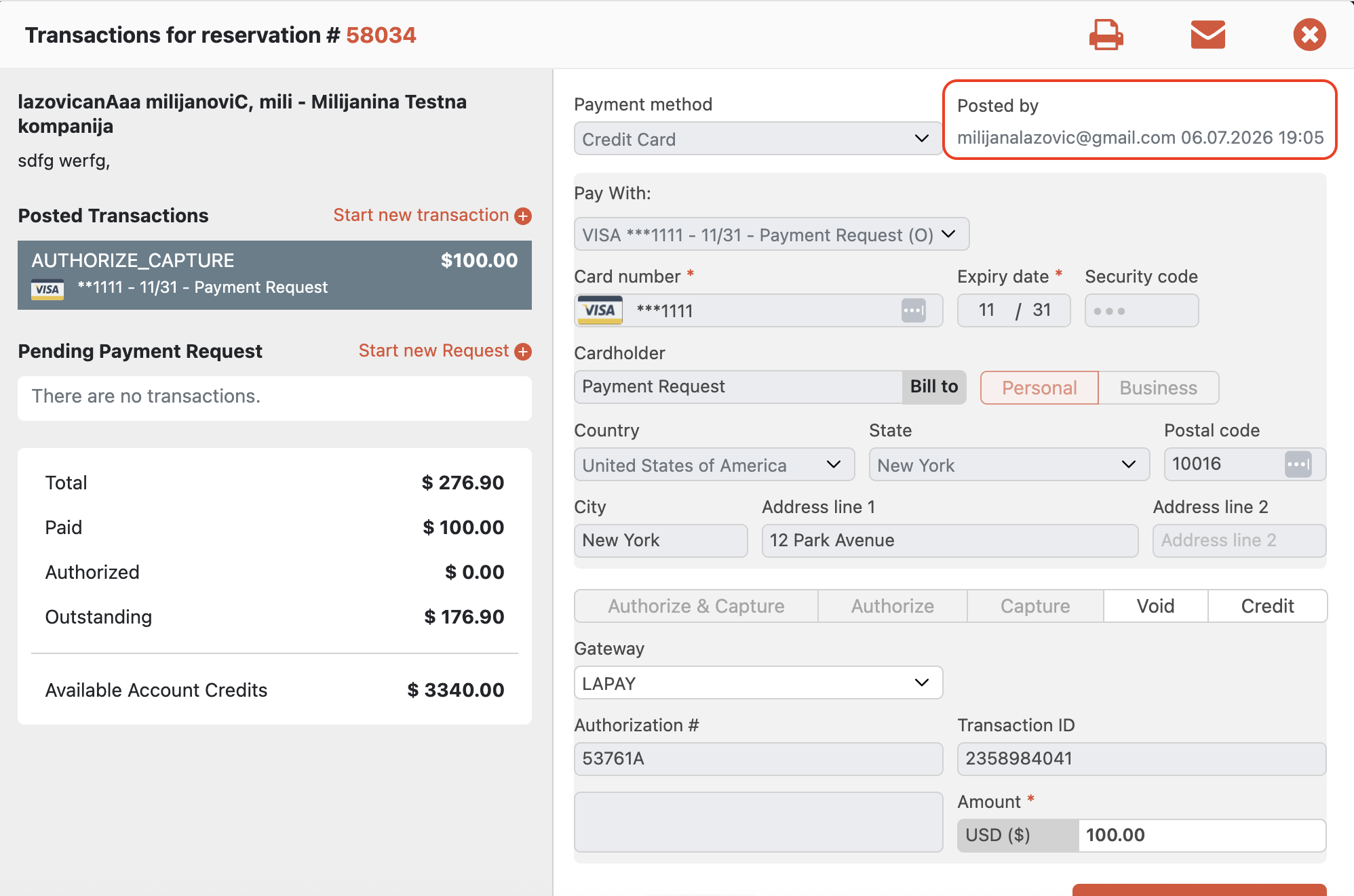 Sanitized Limo Anywhere transaction details screen showing a completed payment request with the Posted by field displaying a customer email address.