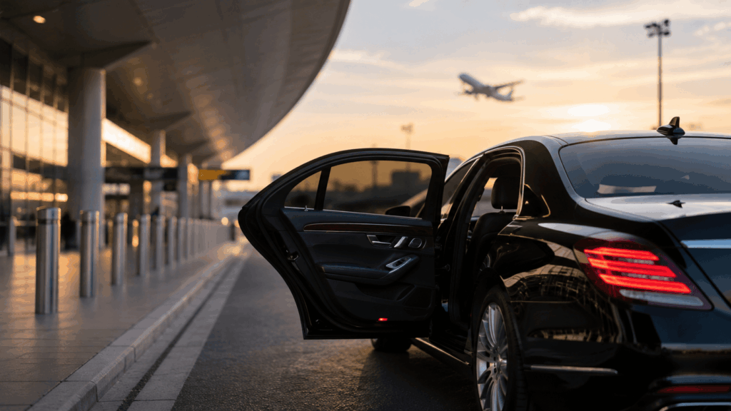 Black luxury sedan waiting outside an airport terminal, representing completed bookings used to calculate limo marketing ROI.