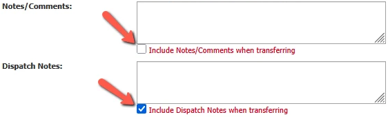 LA Net eFarm-Out note-transfer controls. Include Notes/Comments when transferring is unchecked; Include Dispatch Notes when transferring is checked. Red arrows identify the separate controls.