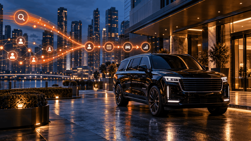 Black executive SUV with search and social advertising signals leading to bookings and marketing performance