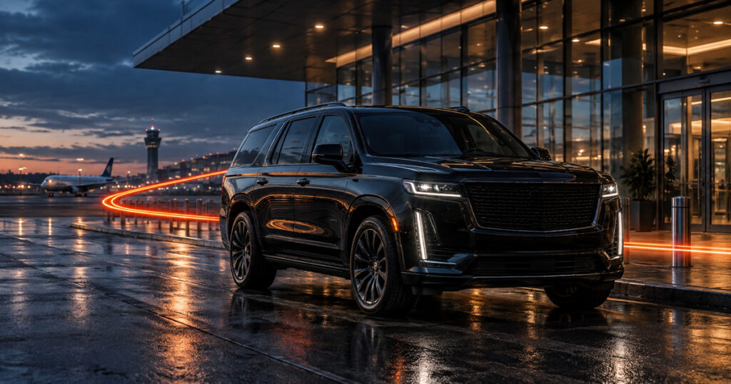 Black luxury SUV outside an airport terminal with orange light trails, representing the costs and operations of starting a black car business.