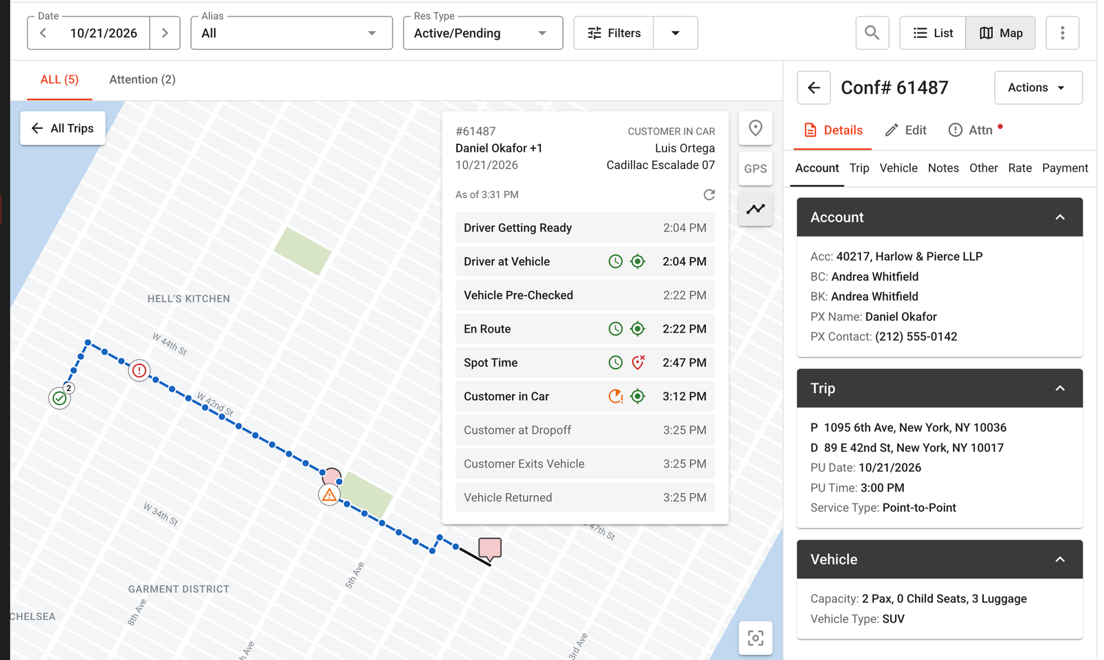 LA 2.0 Dispatch map with a blue GPS trail and a Trip Timeline card showing separate time and location results for trip statuses.
