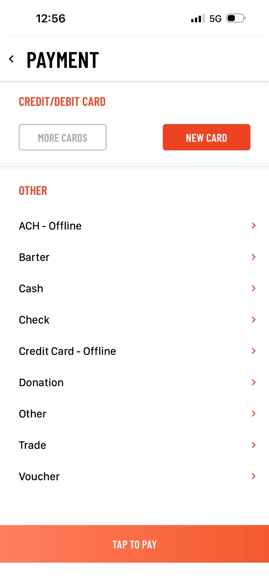 Driver Anywhere payment-method screen with the TAP TO PAY button at the bottom.