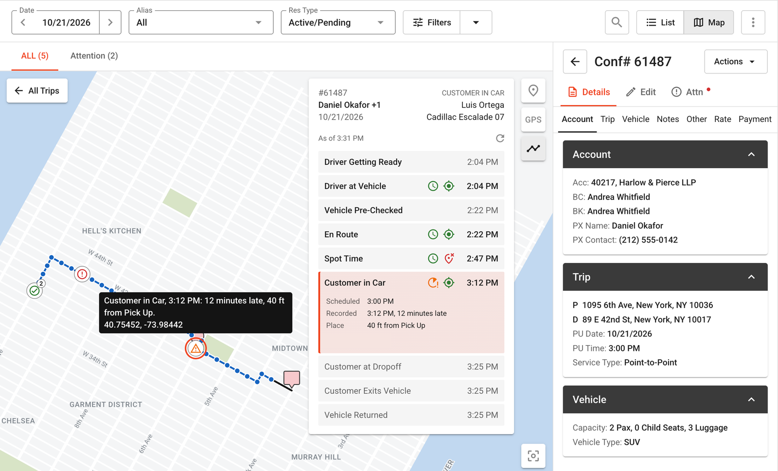 Customer in Car expanded to show 3:00 PM scheduled, 3:12 PM recorded, 12 minutes late and 40 feet from pickup, with its map marker highlighted.