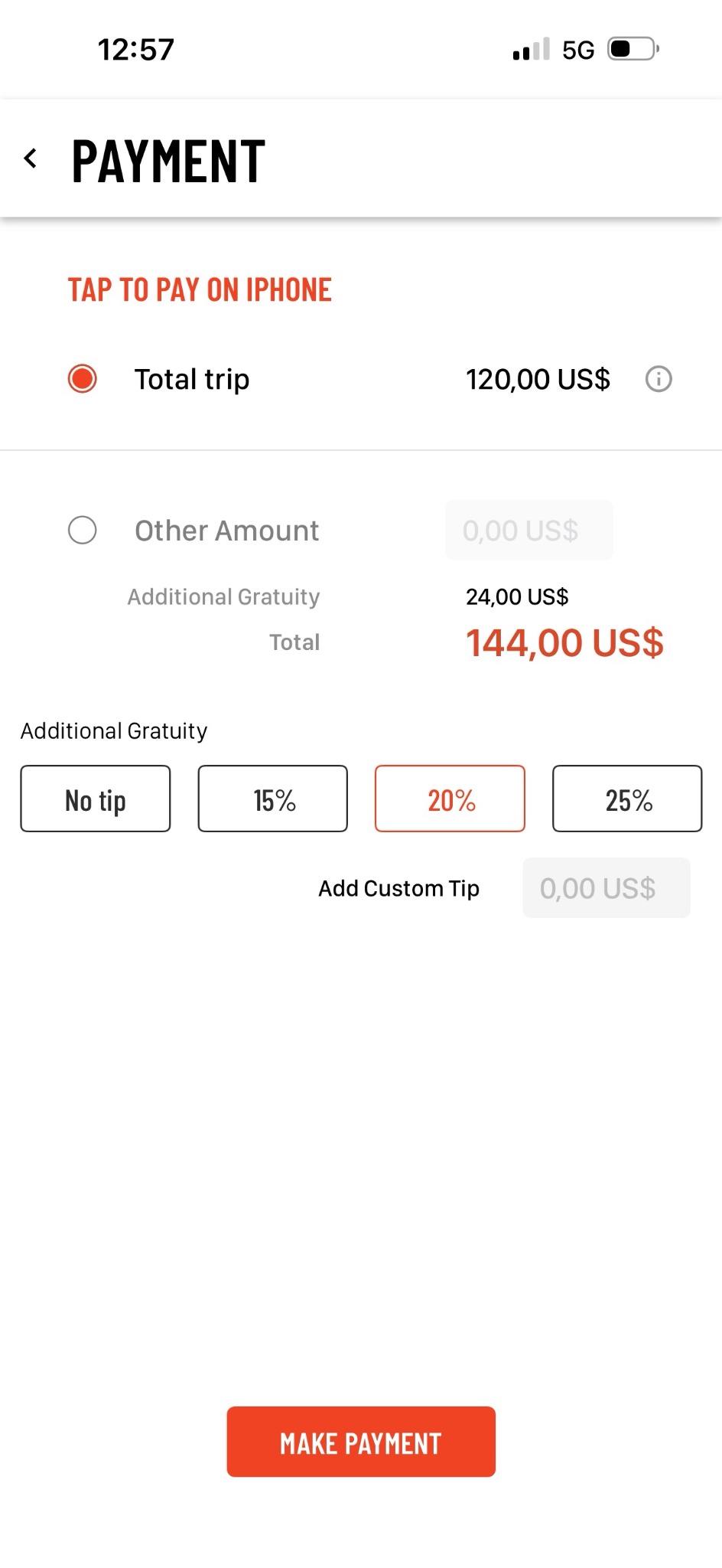 Separate Driver Anywhere example with a 20 percent gratuity selected on a US$120 trip, adding US$24 for a US$144 total.