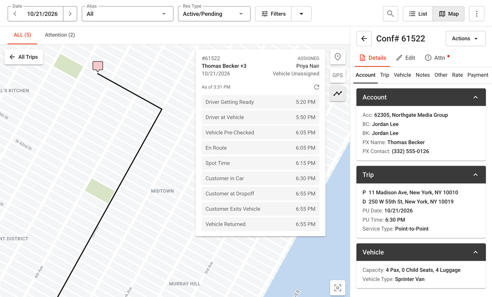 Upcoming trip timeline with gray planned steps, a 6:30 PM pickup and Vehicle Unassigned in the header.