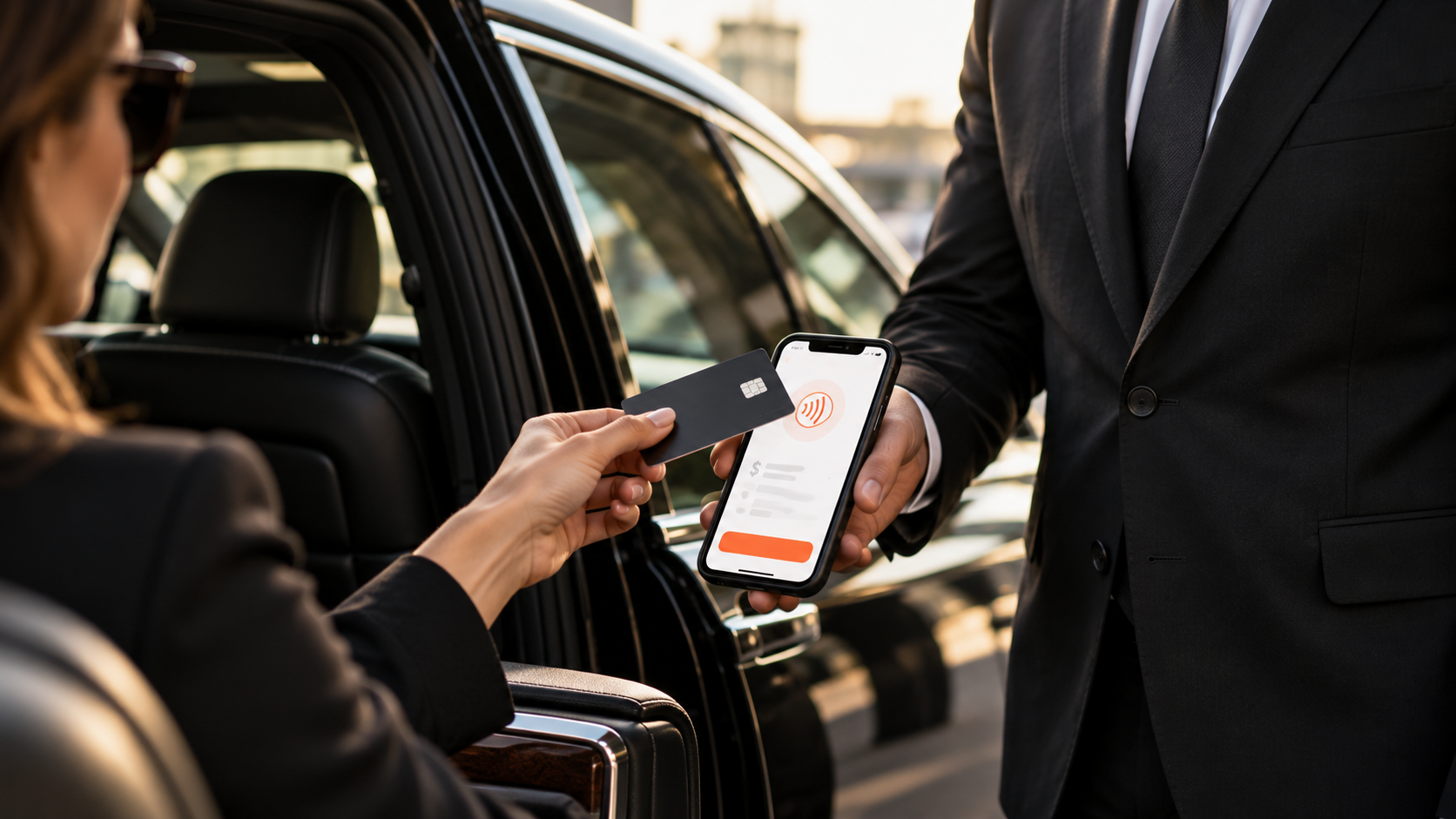 Contactless payment beside a chauffeured vehicle, from the Tap to Pay article