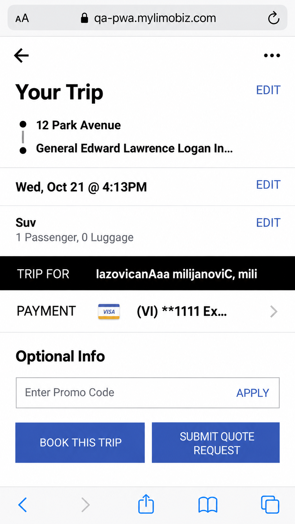 Passenger Web App checkout screen showing Book This Trip and Submit Quote Request buttons.
