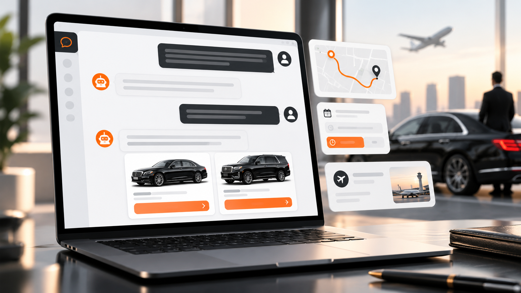 Website chat and airport transportation artwork from the LQC AI Sales Agent article