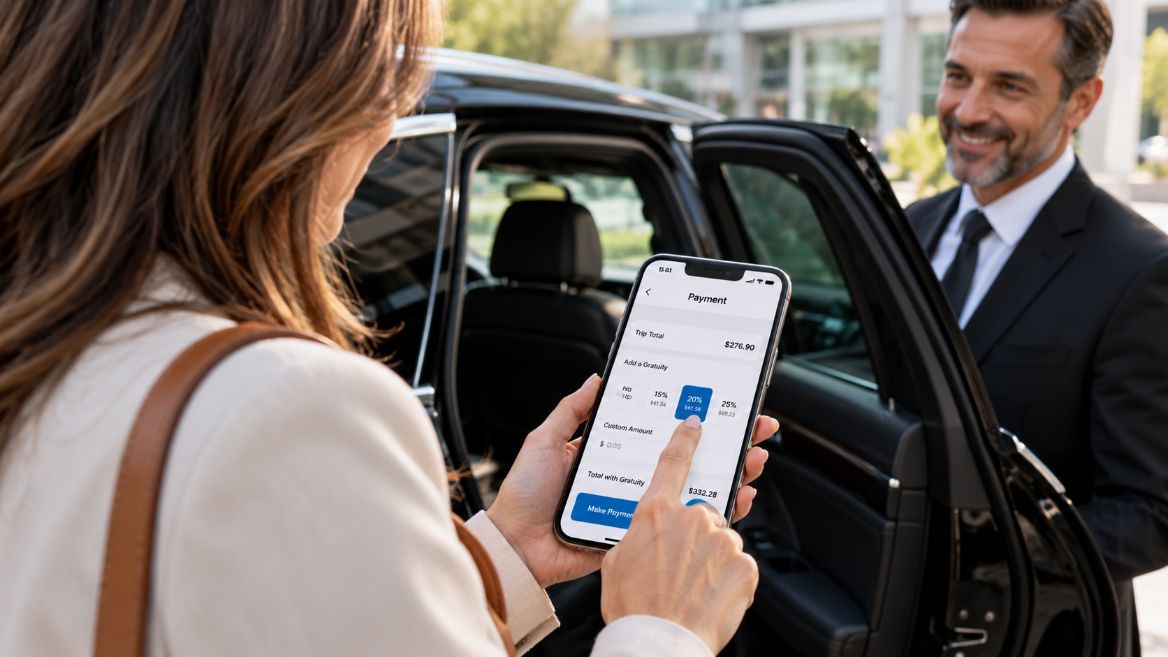 Passenger tipping a chauffeur by phone, from the Driver Gratuity article