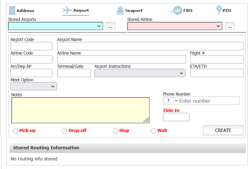 Entering Flight Information in the Airport Routing Limo Anywhere Airport routing screen with fields for the airport, airline, flight number, terminal or gate, ETA or ETD, notes, and routing type.