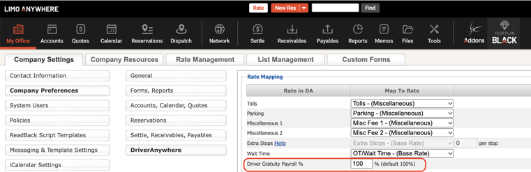 Actual Company Preferences screen with Driver Gratuity Payroll percent highlighted and set to 100.