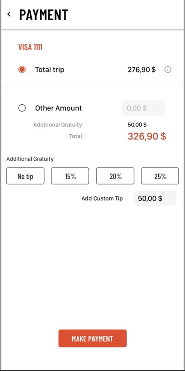 Actual Driver Anywhere payment screen showing a custom gratuity amount of 50.00 before Make Payment.