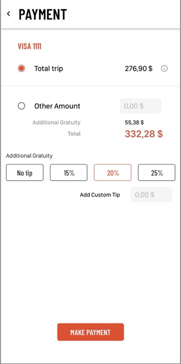 Actual Driver Anywhere payment screen showing the 20 percent gratuity option selected, alongside No tip and other percentage buttons.