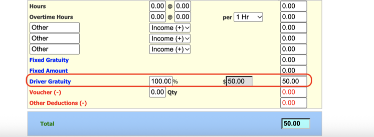Actual settlement screen showing Driver Gratuity of 50.00 allocated at 100 percent to the driver.