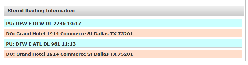Multiple Flights in One Reservation Stored Routing Information for a reservation containing two DFW airport pickups: DL 2746 arriving from DTW at 10:17 and DL 961 arriving from ATL at 11:13, each followed by a drop-off at the same hotel.