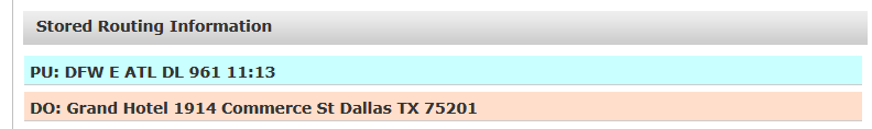 Verified Flight in Stored Routing Information Stored Routing Information showing DL 961 associated with a DFW pickup and no Not verified warning, indicating that the flight verified successfully.
