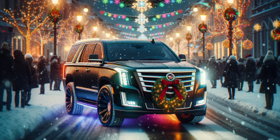 DALL·E-2023-11-10-16.07.19-A-festive-winter-themed-image-featuring-a-luxurious-black-Cadillac-Escalade-SUV-on-a-holiday-lights-tour.-The-SUV-is-adorned-with-subtle-holiday-deco