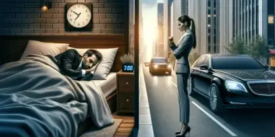 DALL·E 2024-05-14 12.05.20 - A photorealistic image depicting a scene split in two. On the left side, a male driver is sleeping in bed, oblivious to the time shown as 7_00 AM on h