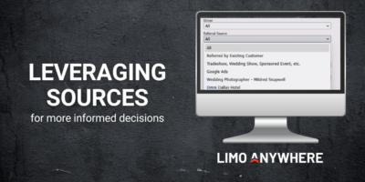 Black background with Leveraging Sources to make informed decisions. A computer has a form on the screen and the Limo Anywhere logo is present.