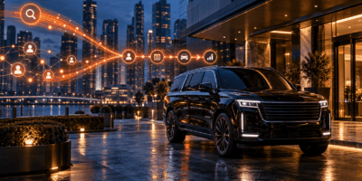 Black executive SUV with search and social advertising signals leading to bookings and marketing performance